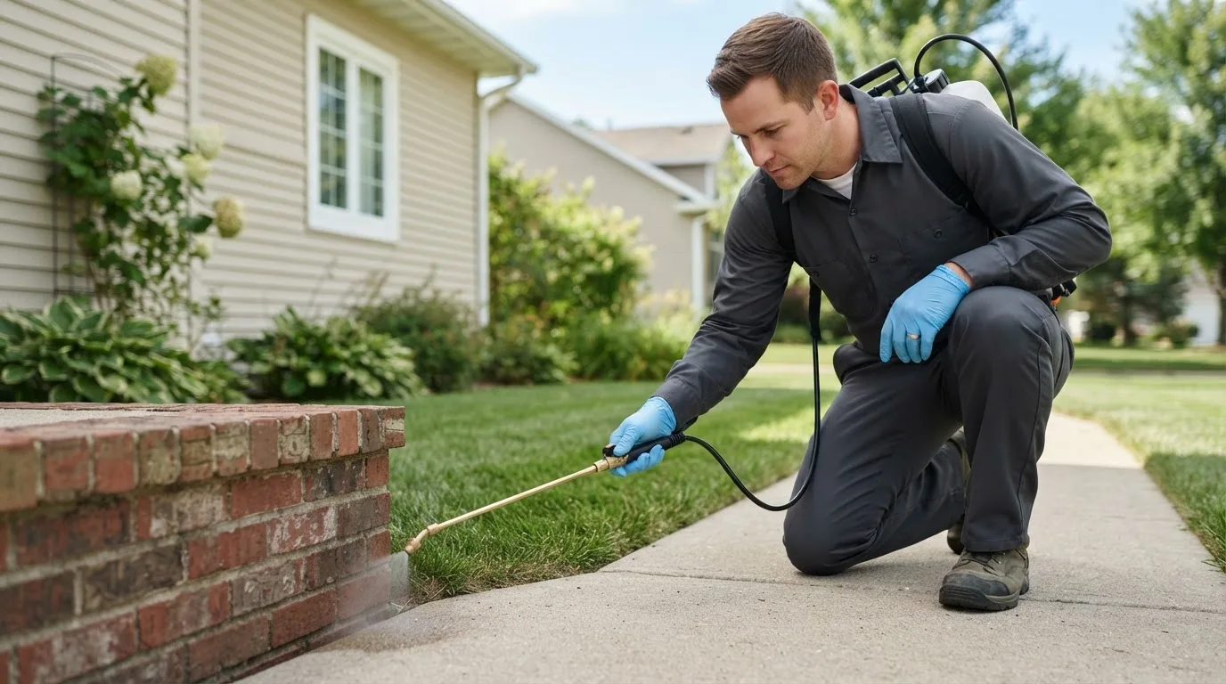 Pest control technician treating a home near Westfield, VT